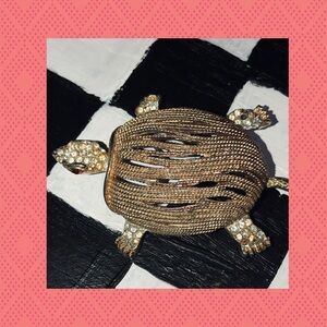 Capri Gold and Rhinestone Turtle Brooch